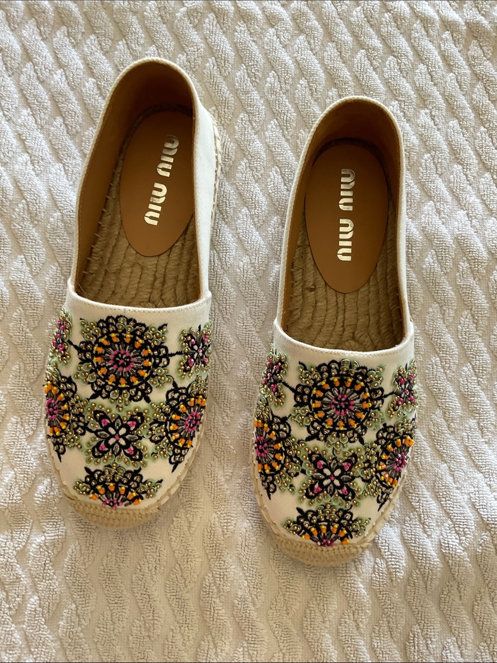 Miu Miu Cream Espadrille Flats with Pink, Yellow and Green Embroidery